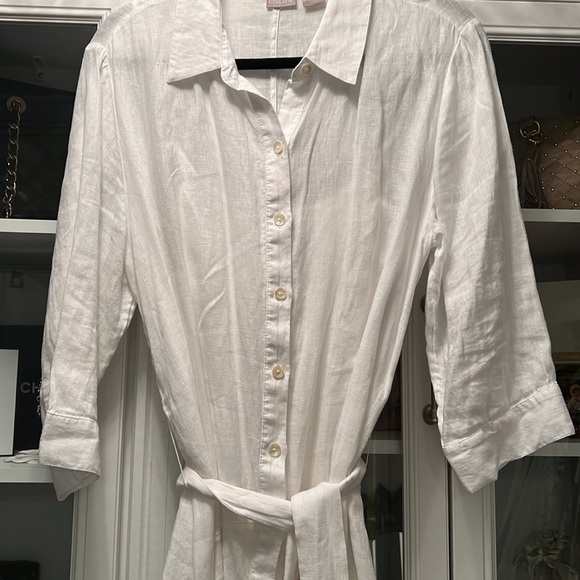 French Riviera White Linen Dress Long Sleeves Button Down Large Chicos - Picture 13 of 14